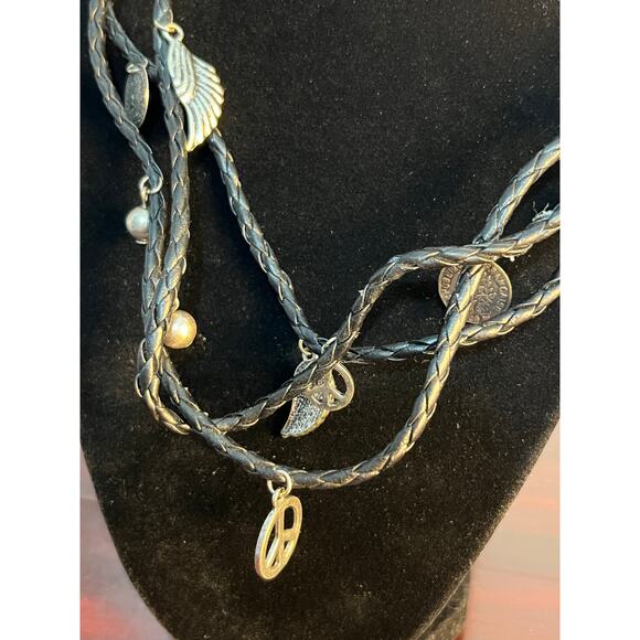 Y2K 3 Strand Black Faux Leather Necklace 18" Peace Sign Angel Wings Biker Core - Picture 3 of 4